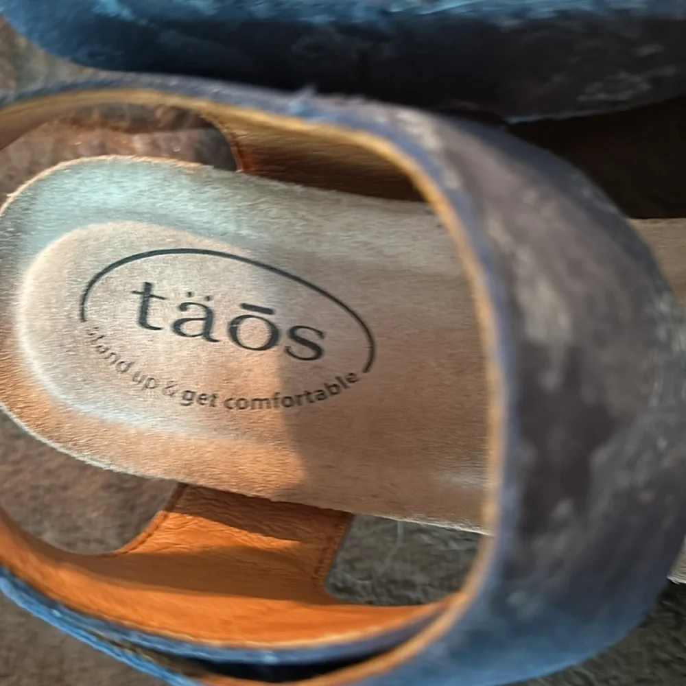 TAOS  Carousel 2 Blue Floral Leather Wedge Sz 7/7.5